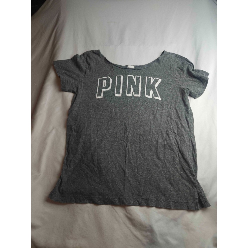 PINK Victoria's Secret Logo T-Shirt Womens Medium Gray Knit Short Sleeve Tee